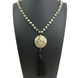 Genuine Dalmatian Jasper Hand Knotted Beaded Pendant Long Tassel Necklace 48"